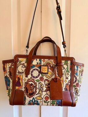 Dooney & Bourke Brown Multi Beauty & the Beast Canvas Satchel Disney Leather Bag